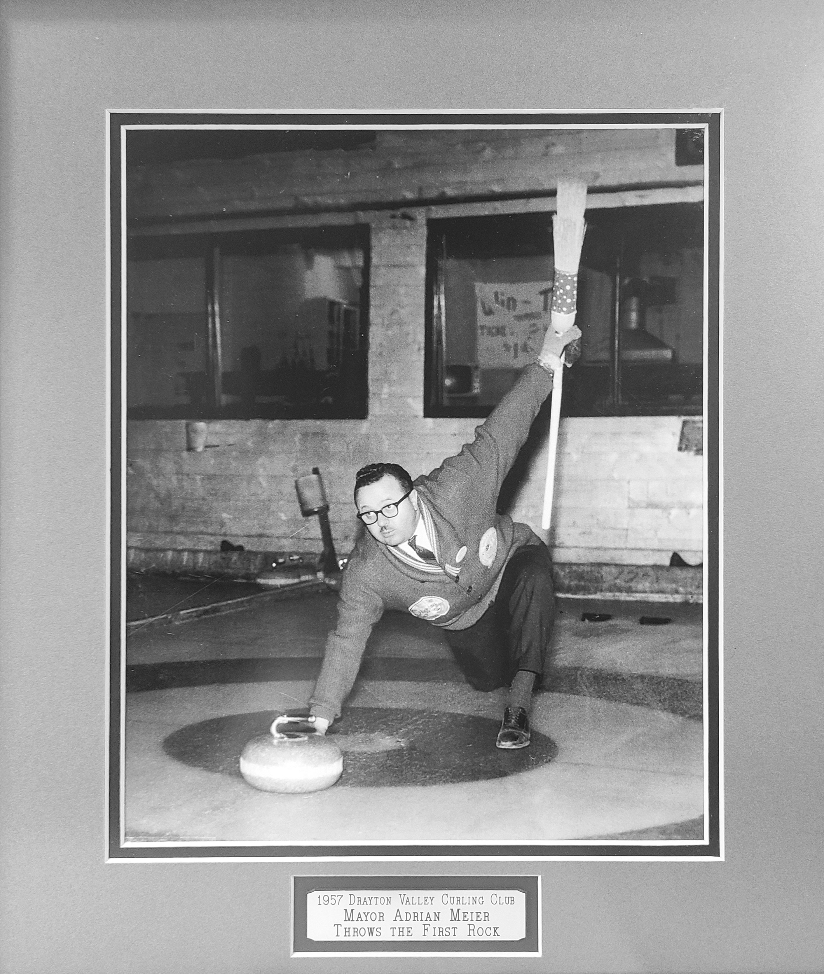 The first curling rock on the ice, thrown in 1957